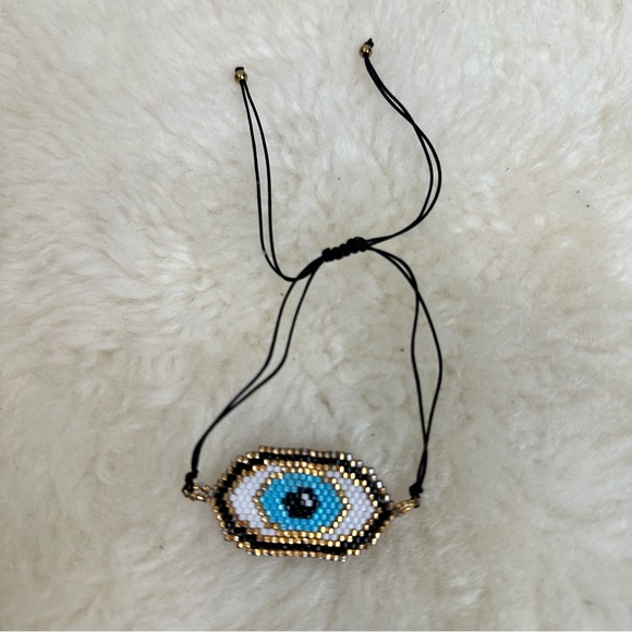 Black Gold Tone Metal Reversible Post Earrings & Evil Eye Adjustable Bracelet - Picture 9 of 11